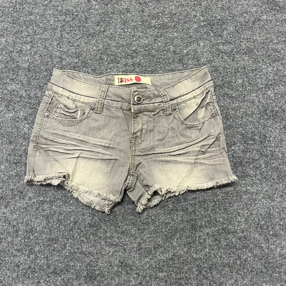 1st Kiss Denim Shorts Womens Size 3 Grey Low Rise Raw Hem Frayed Whiskered